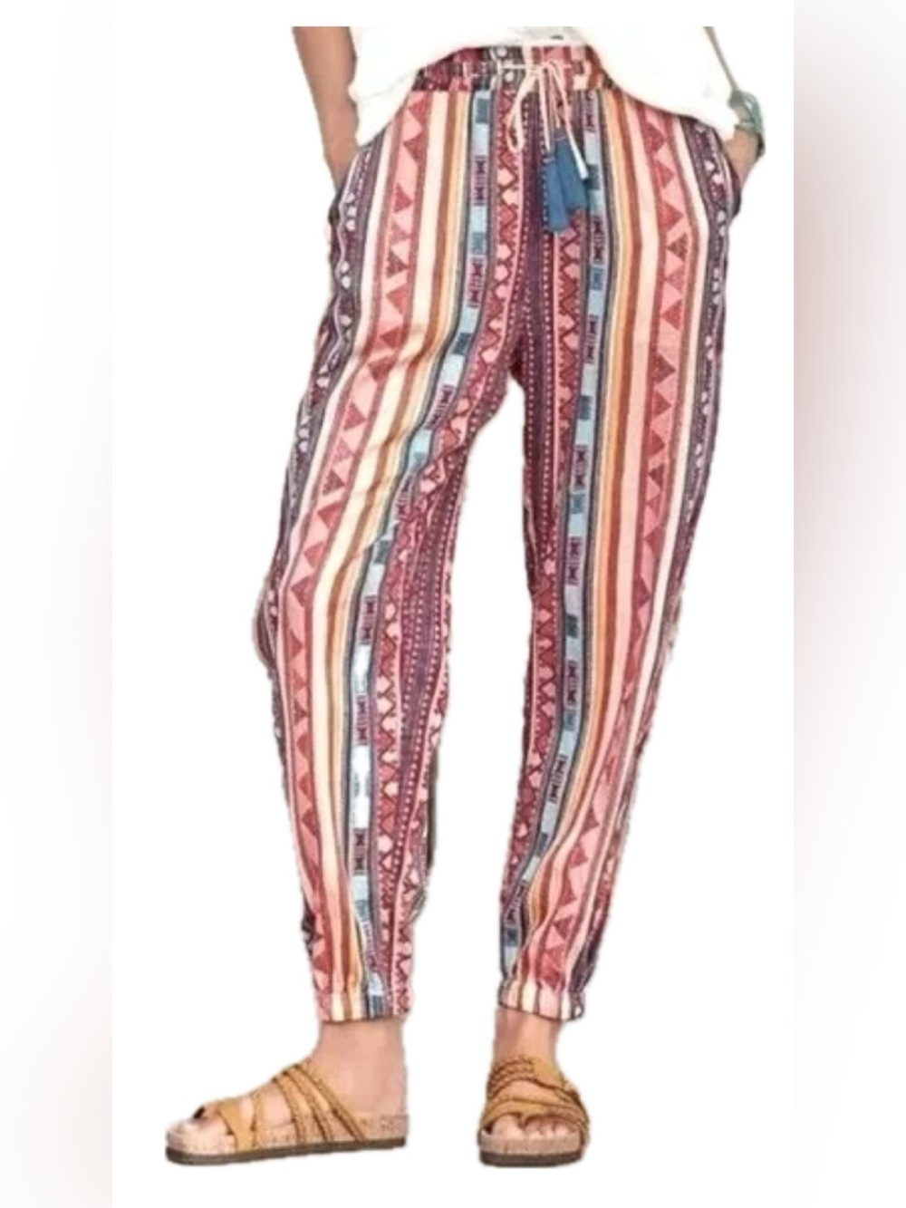 Sundance Boho Tribal Print Jogger Pants Small Tassel Tie Southwest Lounge